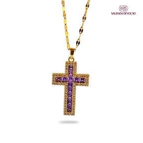 Colar de Cruz Cravejada em Prata 925 e Ouro 14K