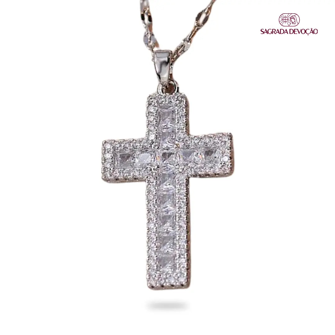 Colar de Cruz Cravejada em Prata 925 e Ouro 14K