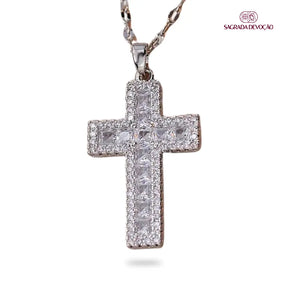 Colar de Cruz Cravejada em Prata 925 e Ouro 14K